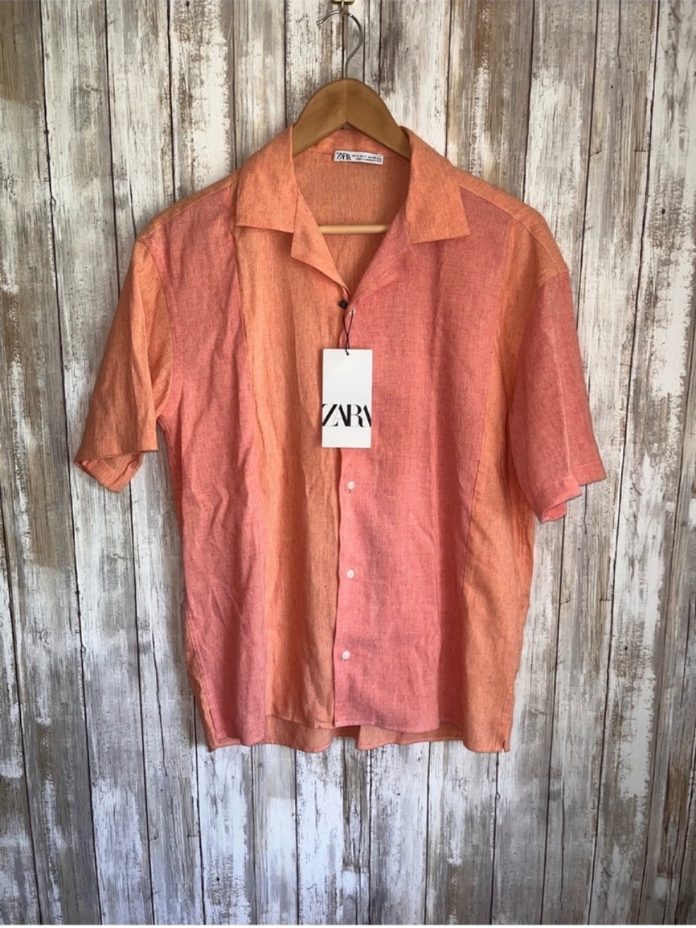 Zara Man Two Tone Linen Blend Camp Collar Button Up Shirt Coral Pink S